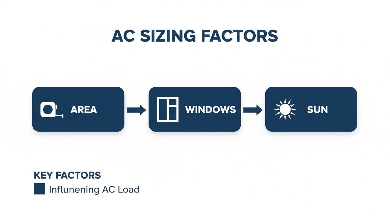 Flowchart illustrating key AC sizing factors: area, windows, and sun, influencing AC load.