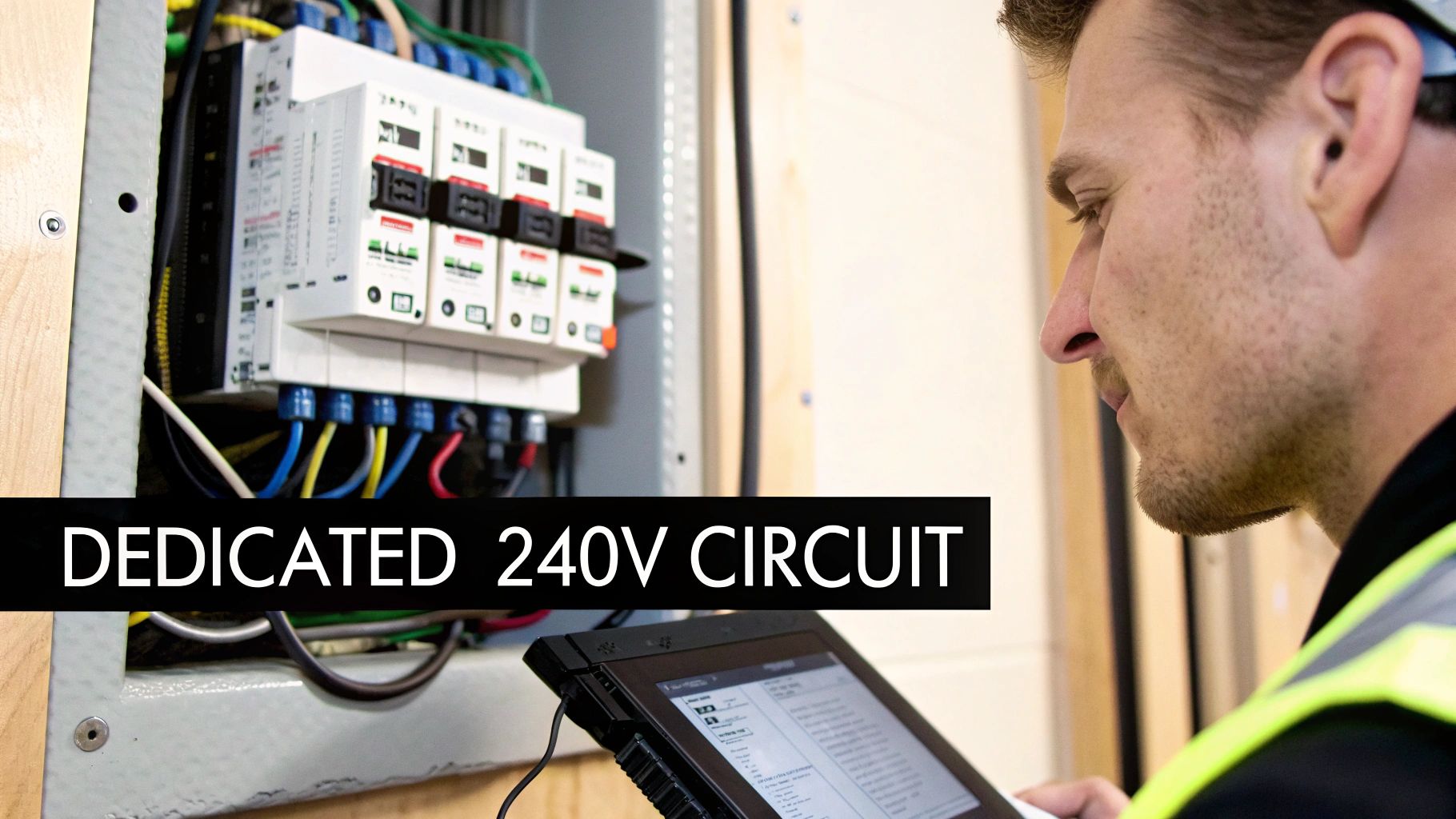 An electrician inspects an electrical panel with circuit breakers while holding a tablet.