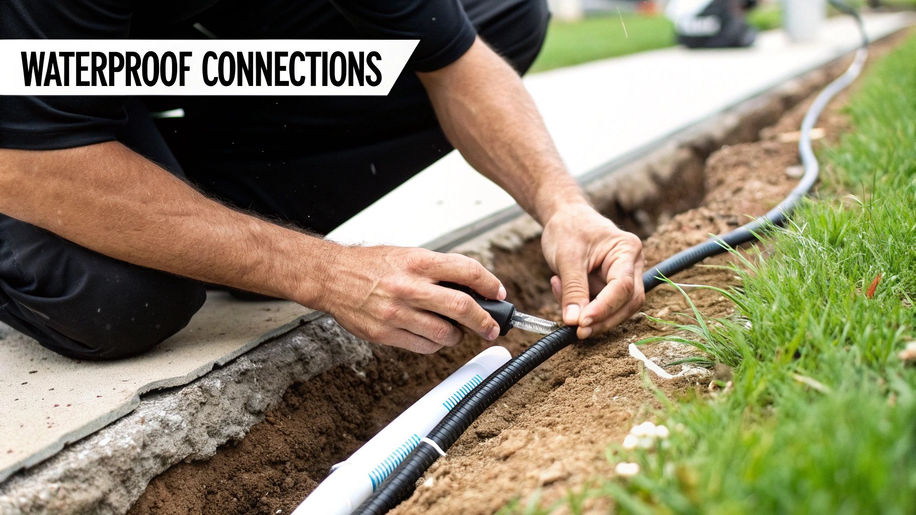 A person installs waterproof connections for low voltage landscape lighting in an outdoor trench.