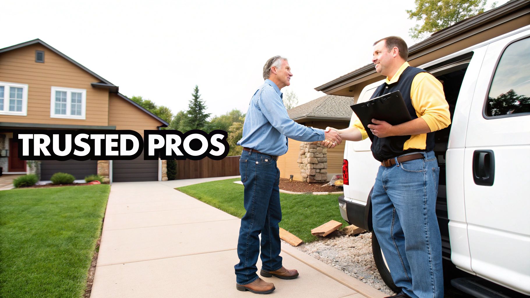 Two men, one a service professional, shaking hands by a white van and a house.
