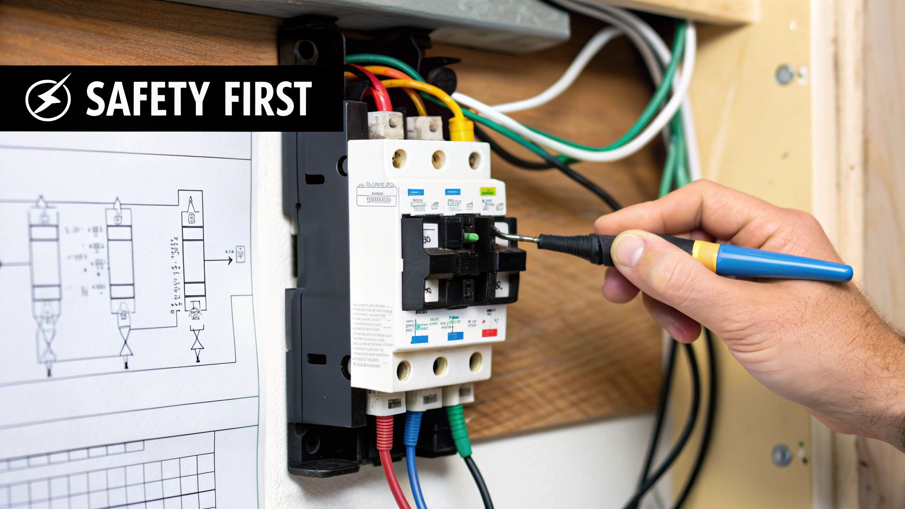A person's hand uses a screwdriver on an electrical circuit breaker, with wiring and a safety graphic visible.