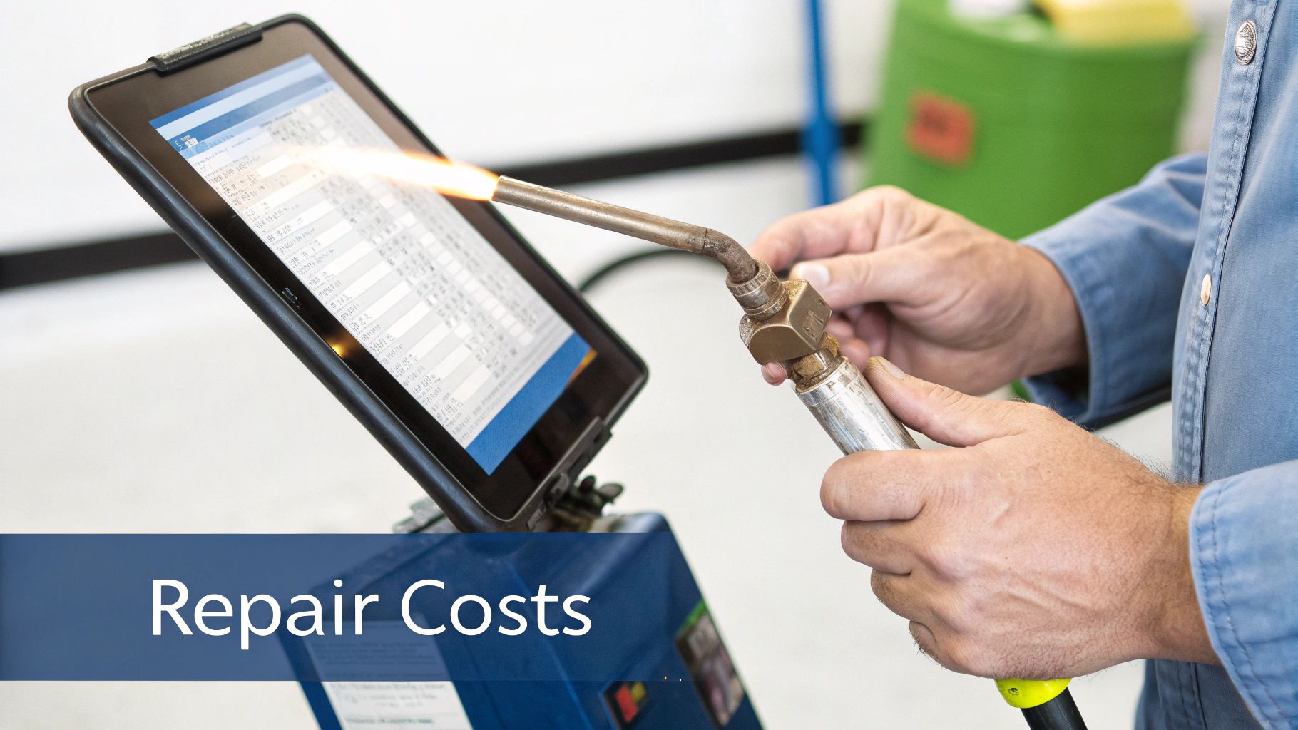 A technician uses a lit welding torch, while a tablet displays a list of repair costs.