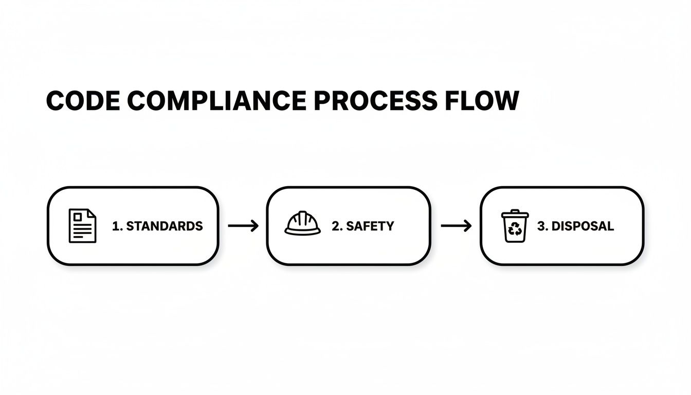 A code compliance process flow diagram showing three steps: Standards, Safety, and Disposal.