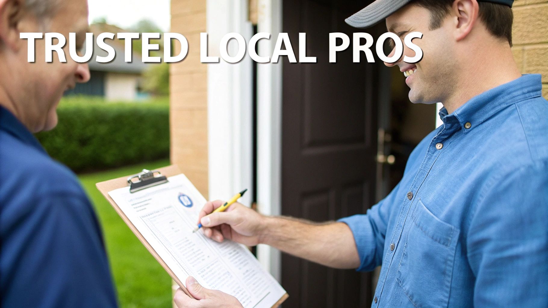 A smiling male service professional in a blue shirt and cap writes on a clipboard for a customer.