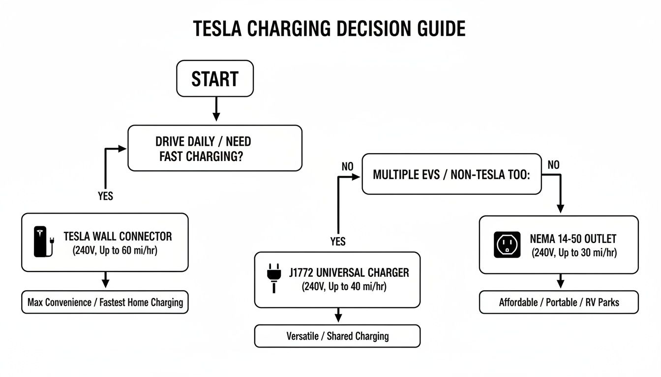 Flowchart guiding Tesla owners to choose home charging options based on daily driving and other EVs.