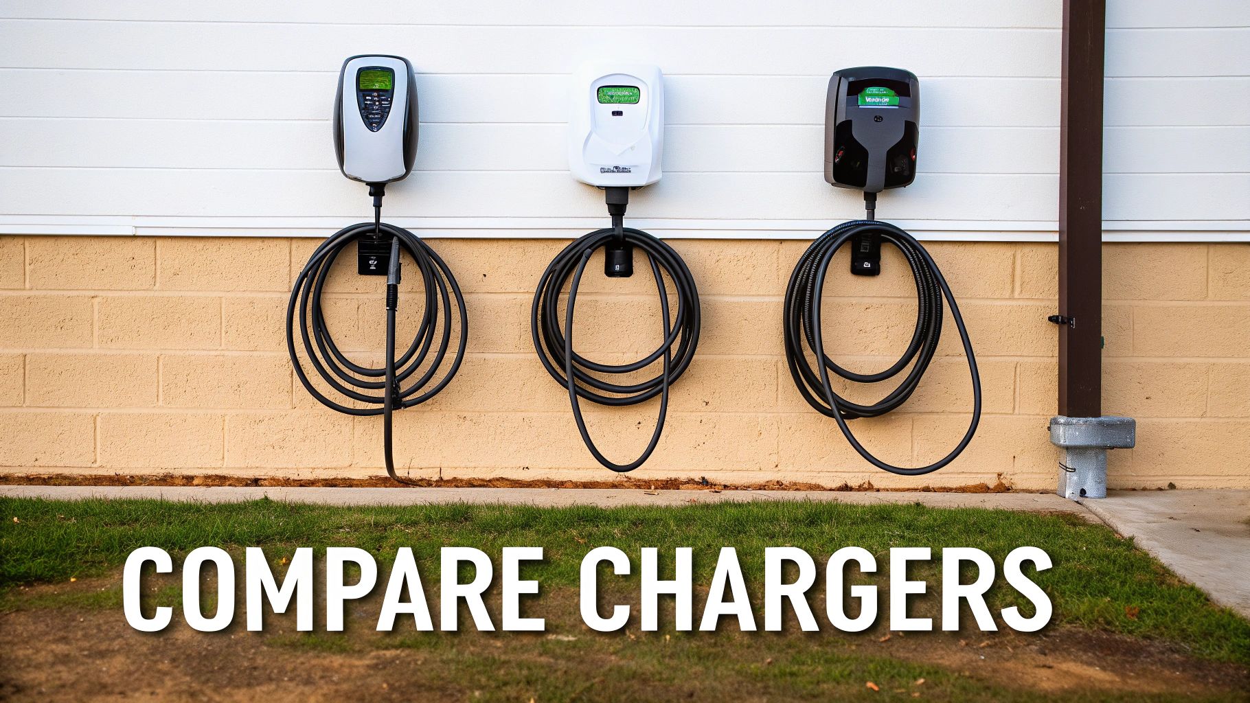 Three different electric vehicle chargers installed on a building wall, ideal for comparison.
