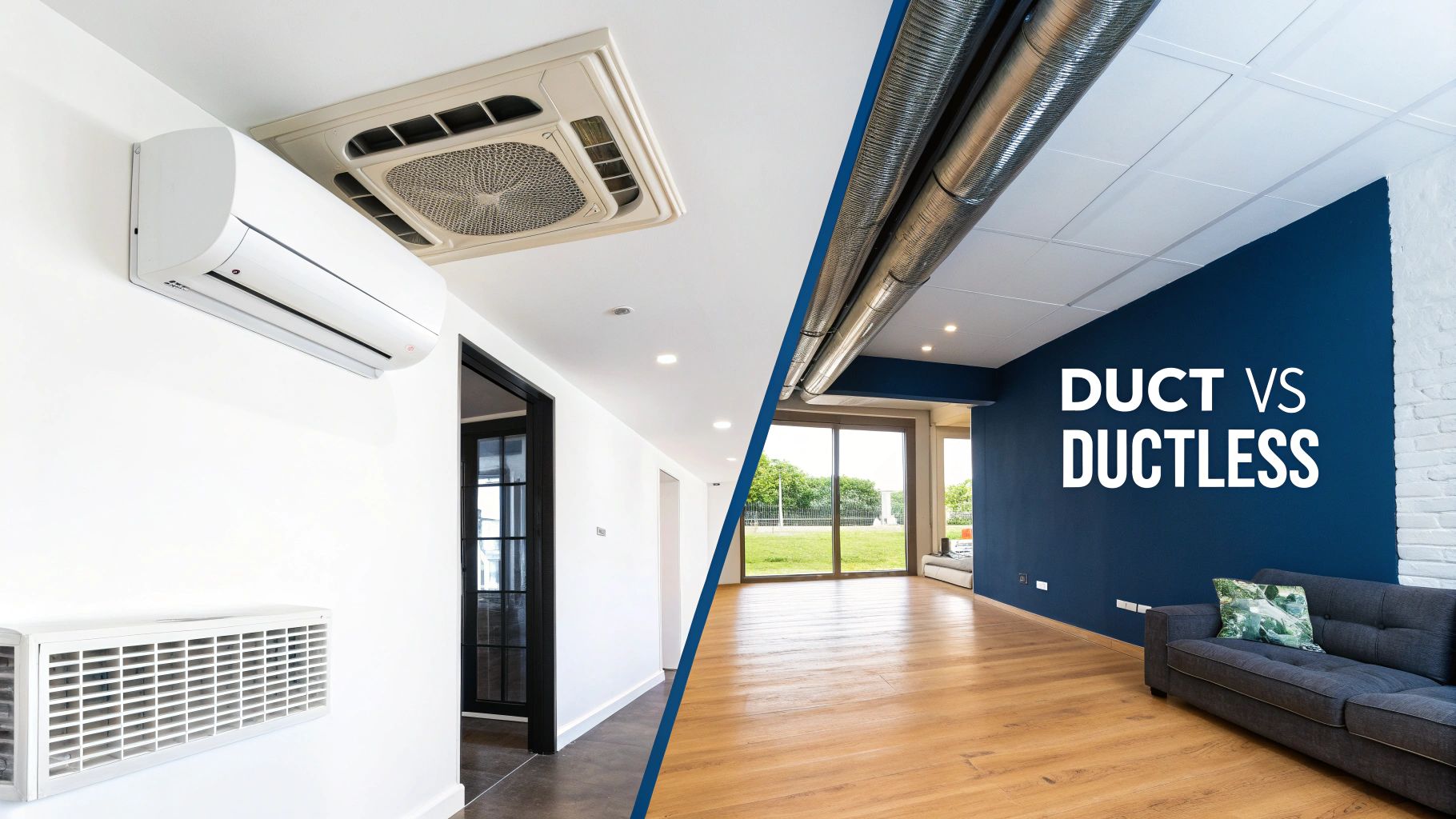 Ductless Mini Split vs Central Air for Your Arizona Home 2 Comparison of ductless air conditioning units on the left and a room with exposed ductwork on the right.