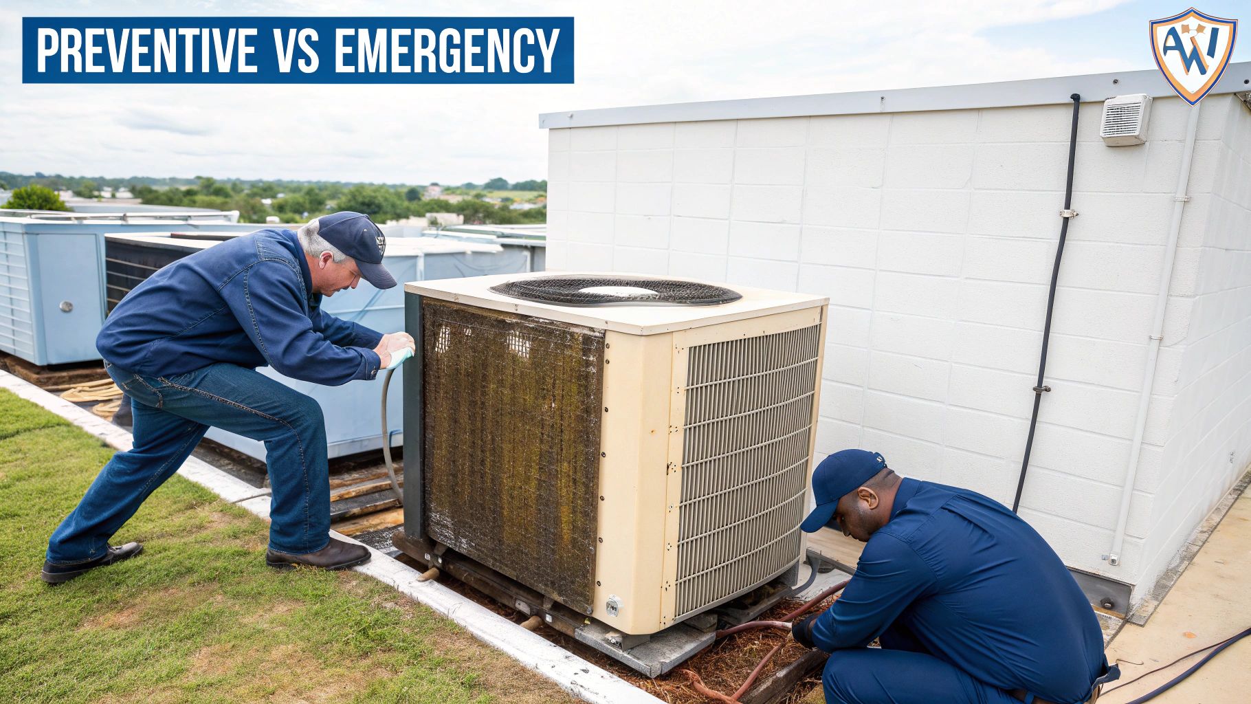 A Business Owner's Guide to Commercial HVAC Maintenance Cost 2 Two technicians perform preventive maintenance on a dirty commercial HVAC unit on a rooftop.
