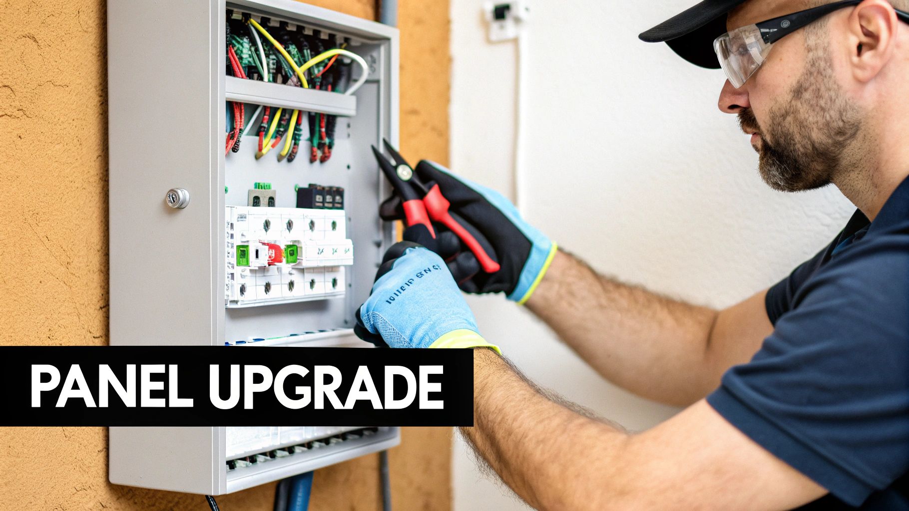 An electrician with safety glasses and gloves upgrading an electrical panel, holding pliers.
