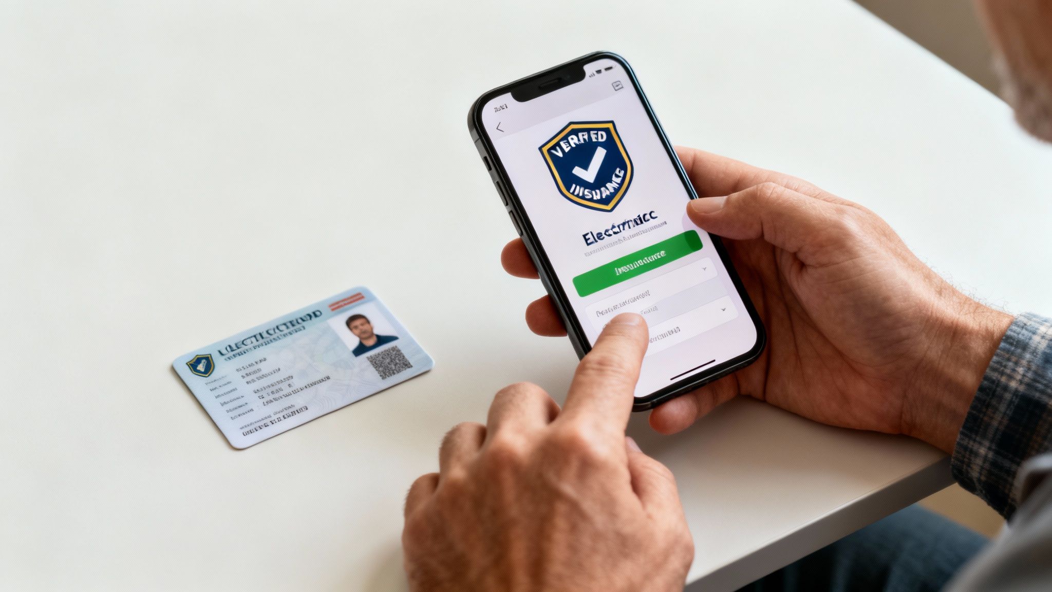 Close-up of a person's hands holding a smartphone displaying a 'Verified Insurance' app, with an ID card on a white table.