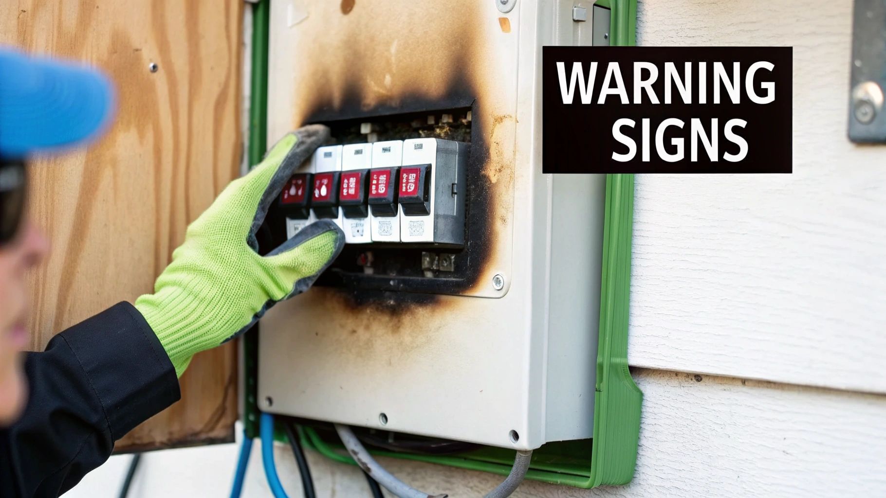 A person in gloves inspects a severely burned and charred electrical circuit breaker box, showing clear fire damage.