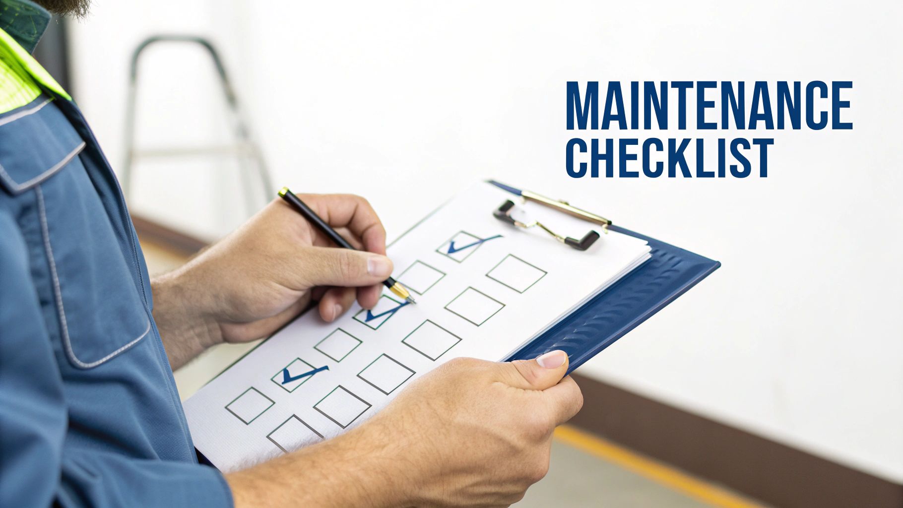 A Business Owner's Guide to Commercial HVAC Maintenance Cost 4 A person in work uniform marking a 'Maintenance Checklist' on a clipboard with a pen.
