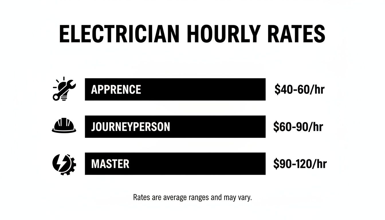 Infographic displaying electrician hourly rates: Apprentice $40-60/hr, Journeyperson $60-90/hr, Master $90-120/hr. Rates are average and may vary.