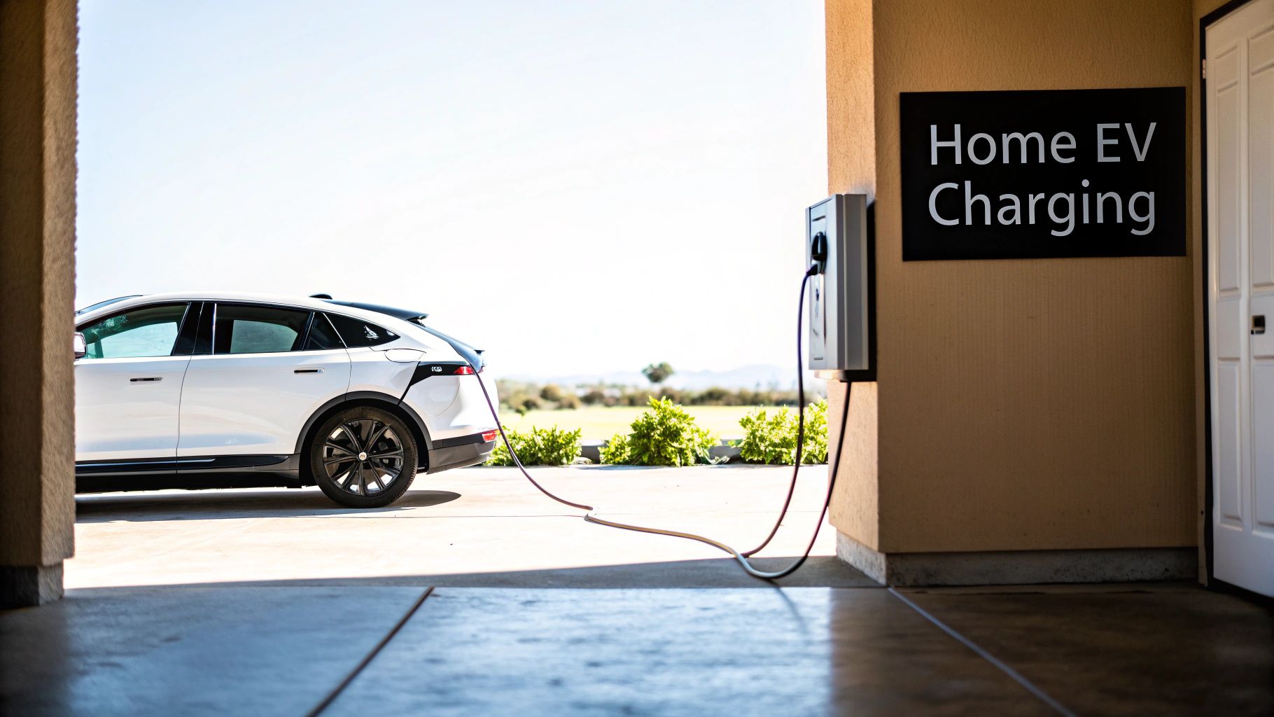 A white electric car charges at a home EV charging station inside a garage.