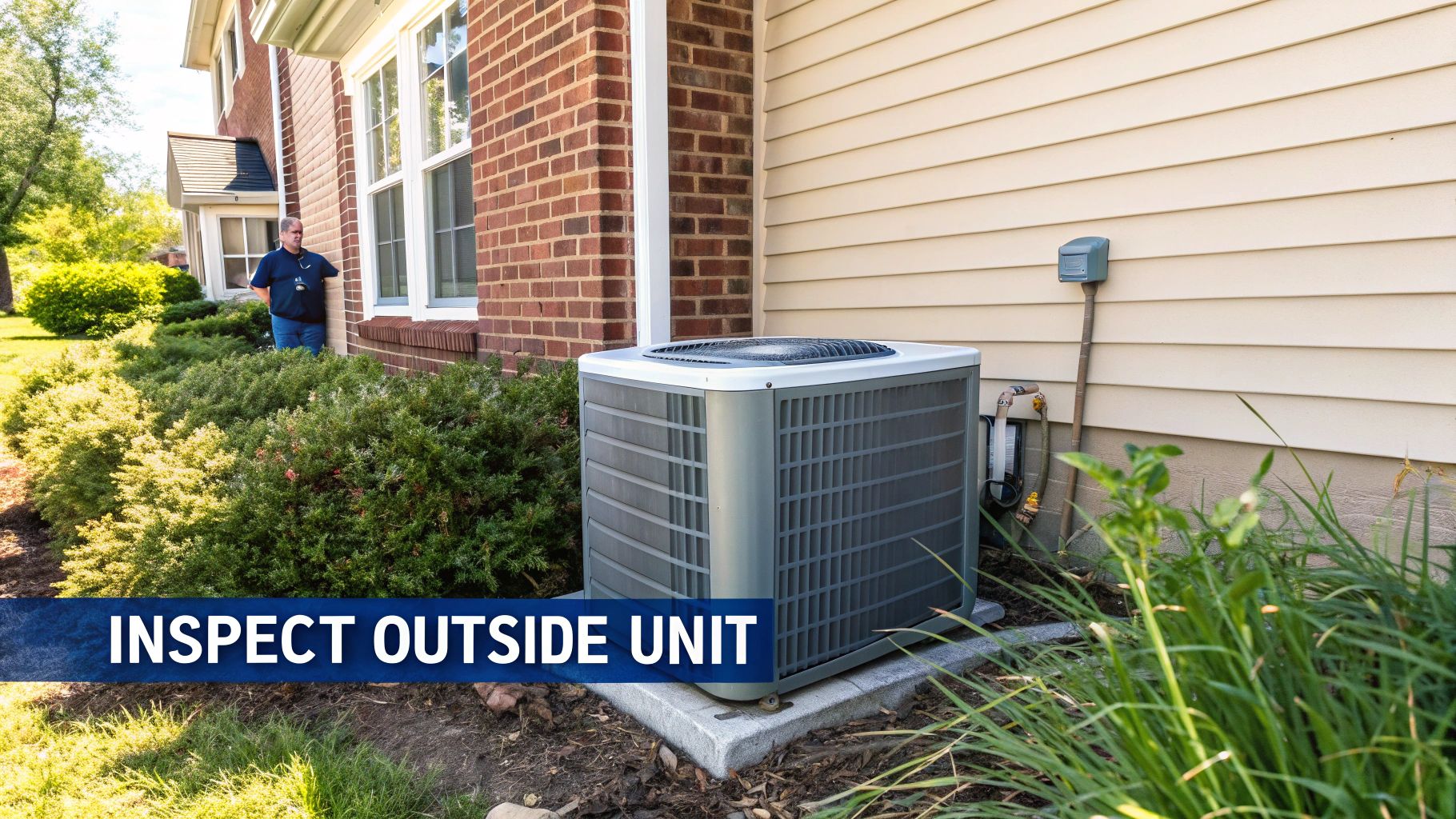 An outdoor air conditioning unit next to a house, with a technician visible in the background inspecting.