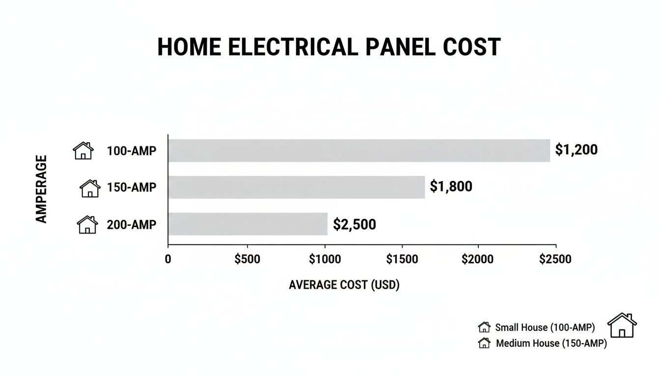 Bar chart showing home electrical panel costs: 100-AMP ($1,200), 150-AMP ($1,800), and 200-AMP ($2,500).