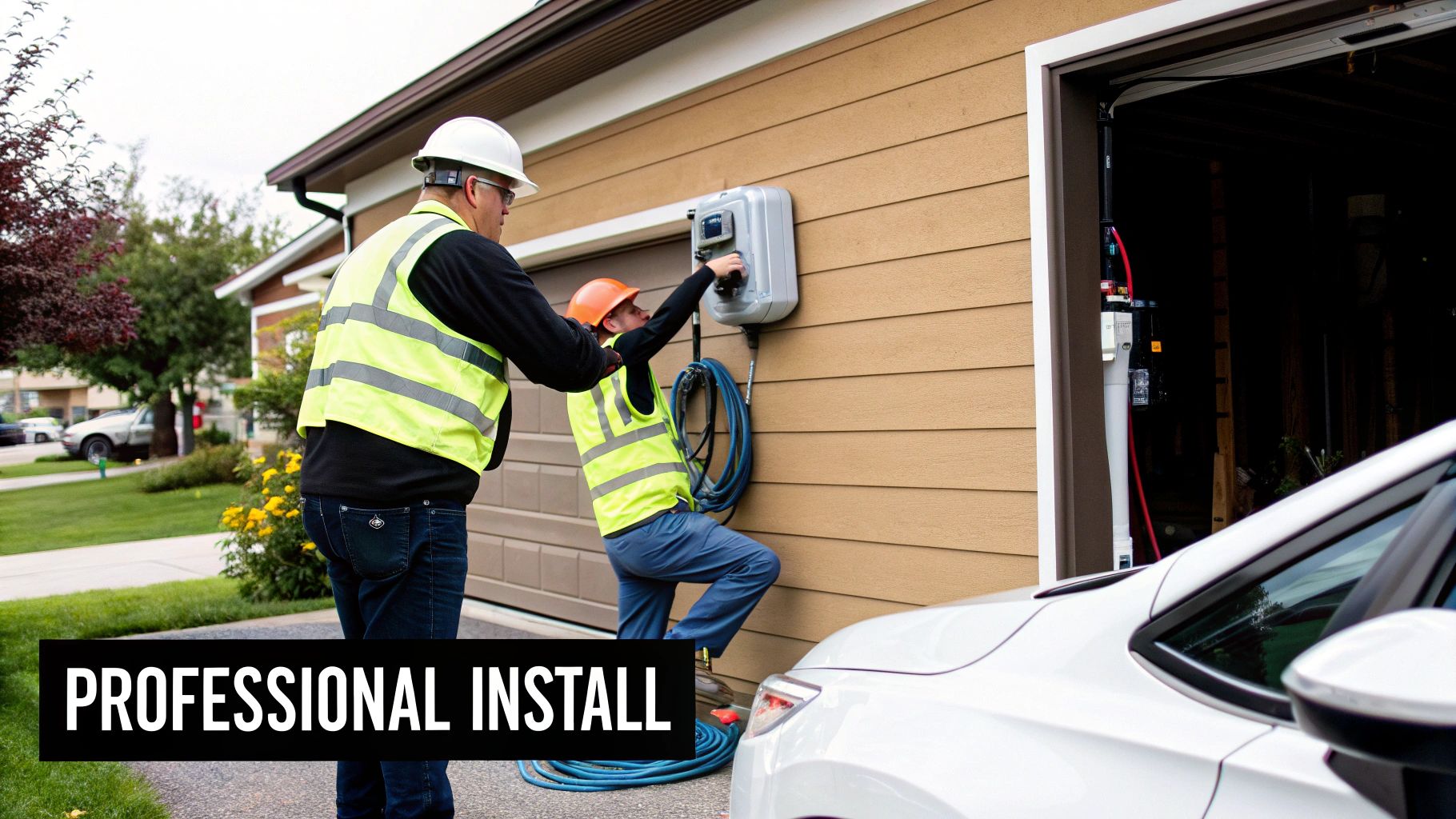 Two professional workers in safety gear installing an electric vehicle (EV) charger on a house wall.