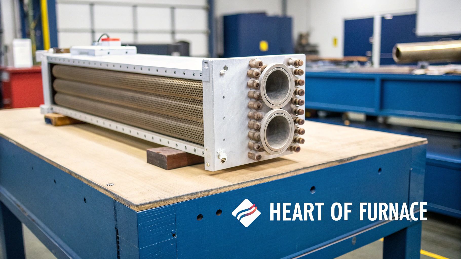 A long, industrial furnace heat exchanger with internal tubes sits on a blue workbench in a workshop.