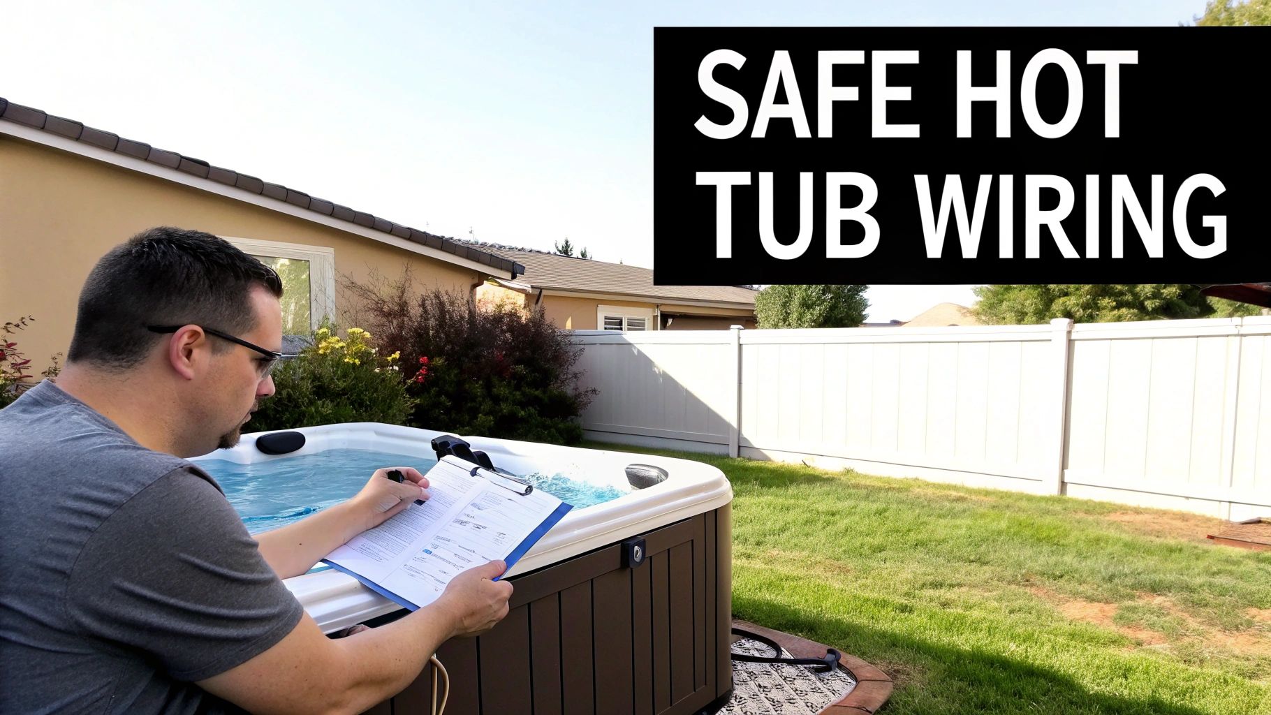 Man in glasses reading documents next to a hot tub in a backyard, likely for safe wiring.