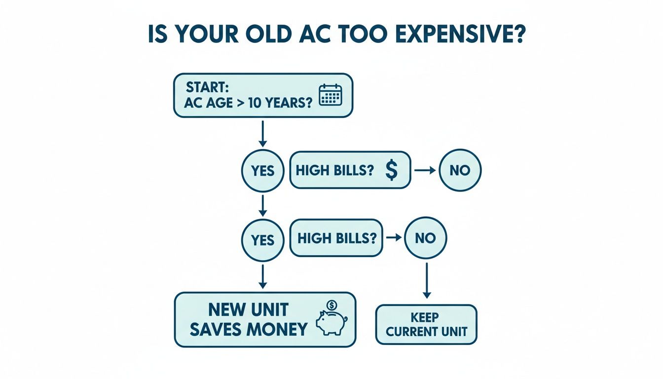 Flowchart determining if an old AC unit is too expensive based on its age and energy bills.