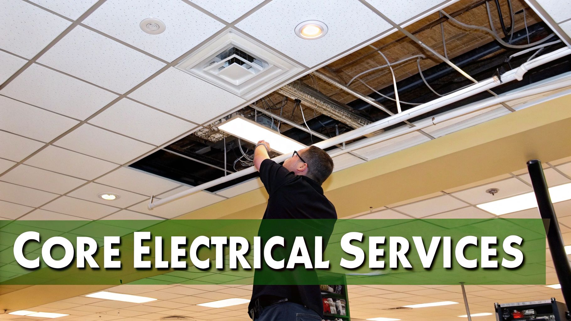 An electrician in a black shirt installing or repairing a light fixture in a commercial false ceiling.