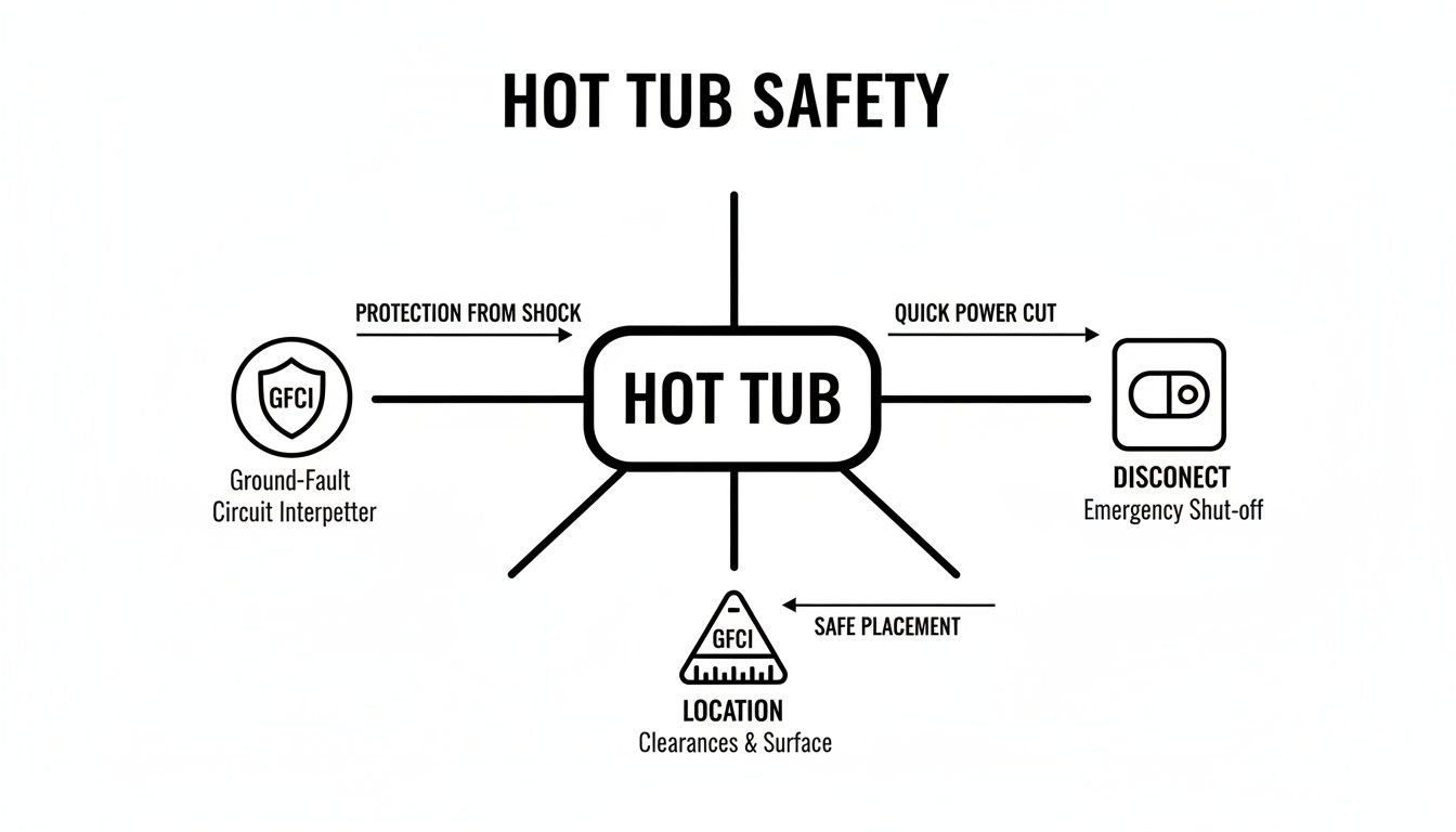 A hot tub safety diagram illustrating GFCI protection, emergency disconnect, and safe placement requirements.