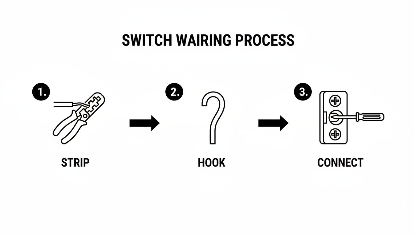 A three-step guide to wiring a light switch: strip wire, hook it, and connect with a screwdriver.