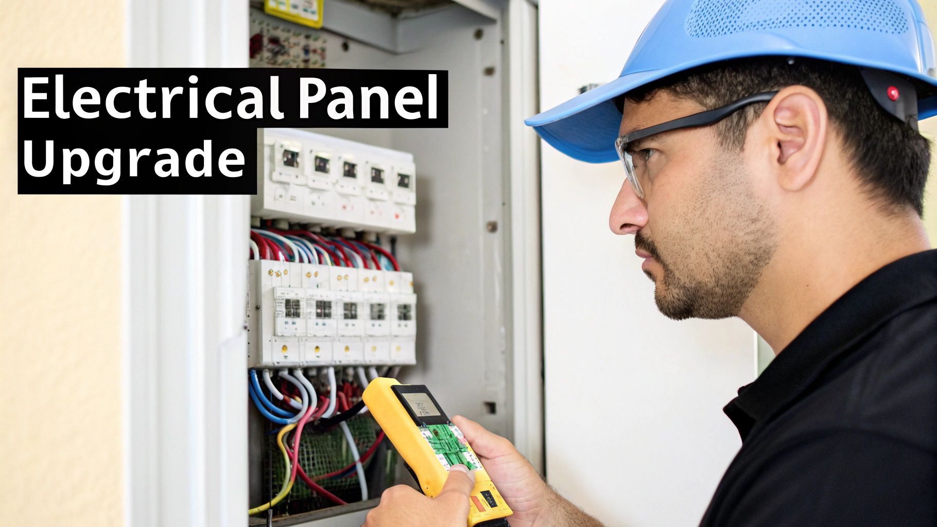 An electrician performing an electrical panel upgrade, using a testing device on circuit breakers.
