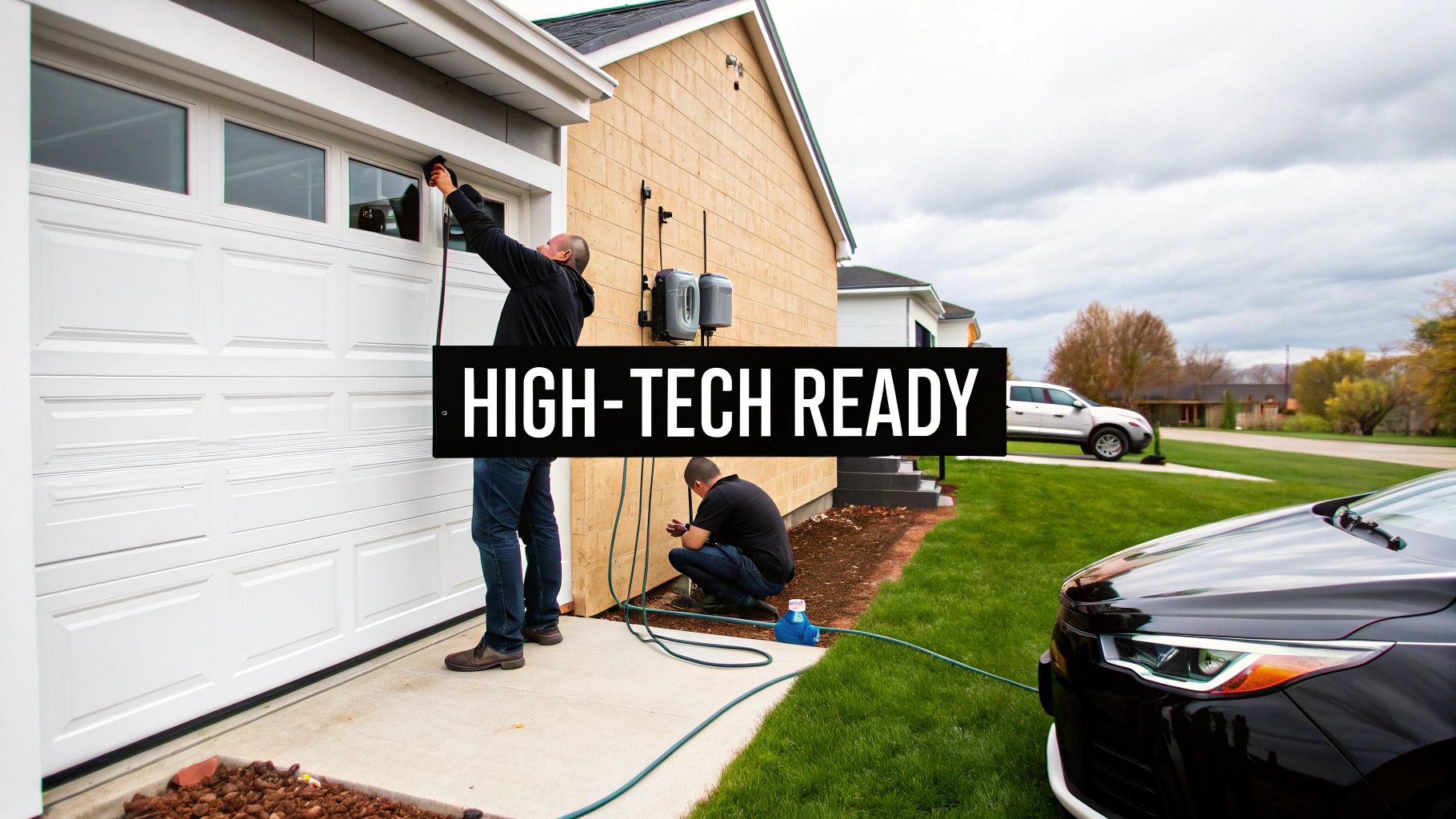 Two electrical contractors installing high-tech smart home systems on the exterior of a house.
