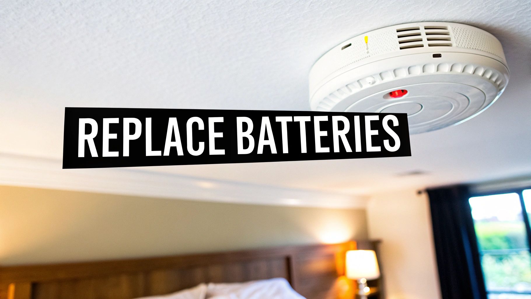 A white smoke detector on a ceiling with a "REPLACE BATTERIES" text overlay, signaling maintenance.