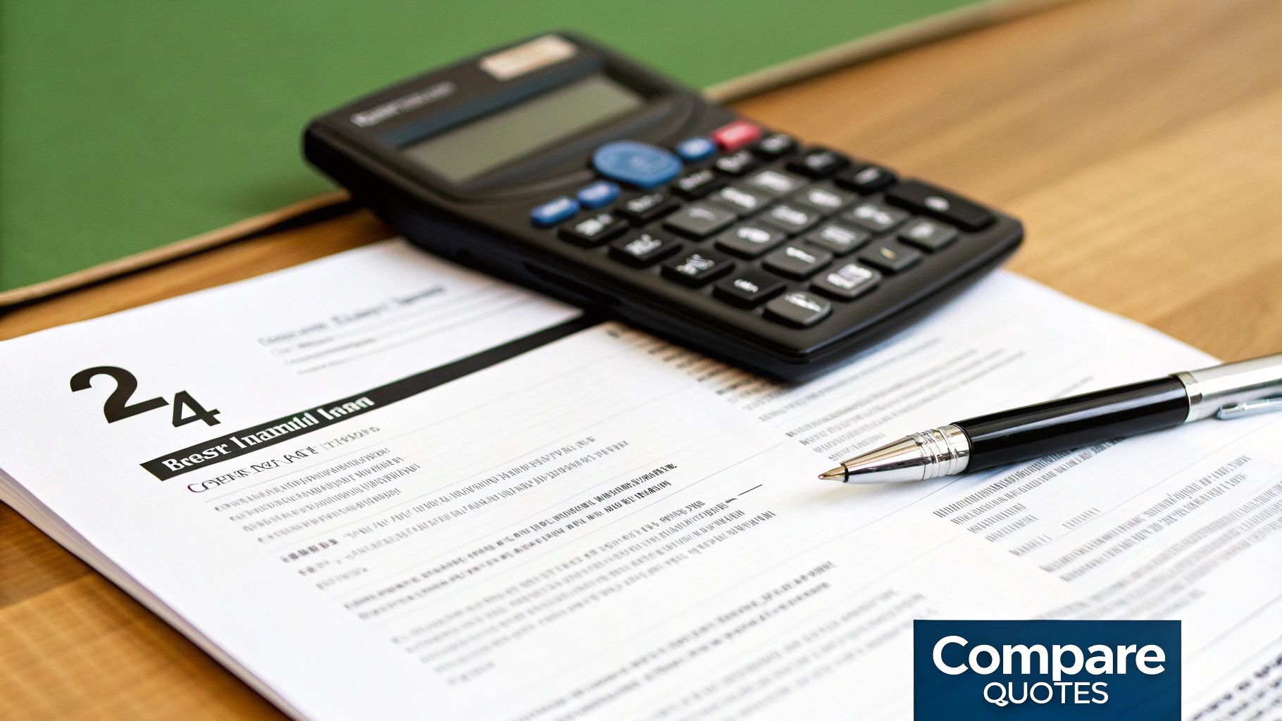 A close-up shot of a calculator, a pen, and a document with text on a desk.