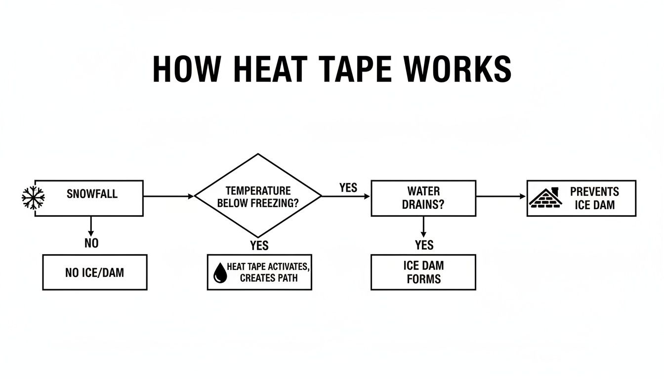 Flowchart illustrating how heat tape activates and prevents ice dams on roofs during snowfall.