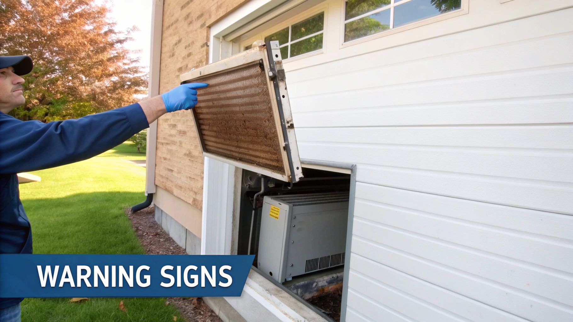 Where Is Air Conditioner Filter Located in Your Phoenix Home 4 A gloved person points to a heavily clogged air conditioner filter, highlighting a maintenance warning sign.