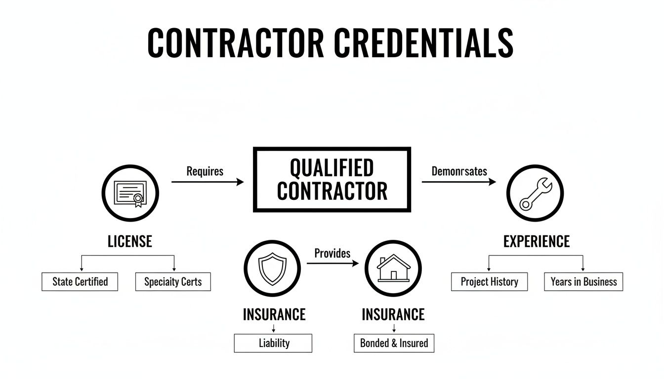 Flowchart detailing contractor credentials: license, experience, and insurance for a qualified contractor.