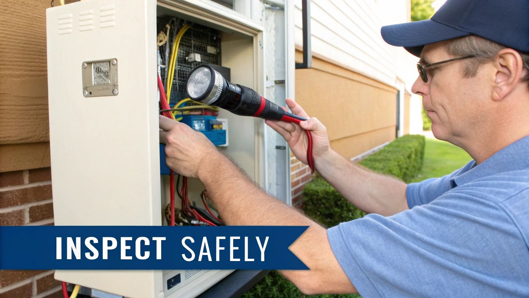Where are the evaporator coils? A Quick, Clear Guide to Locating Them 4 A man in a cap and glasses uses a flashlight to inspect an outdoor electrical panel.