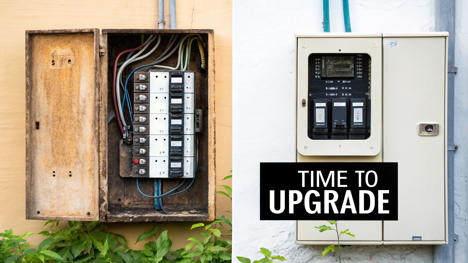 A side-by-side comparison of an old, rusty electrical panel and a new, modern one with 'TIME TO UPGRADE' text.