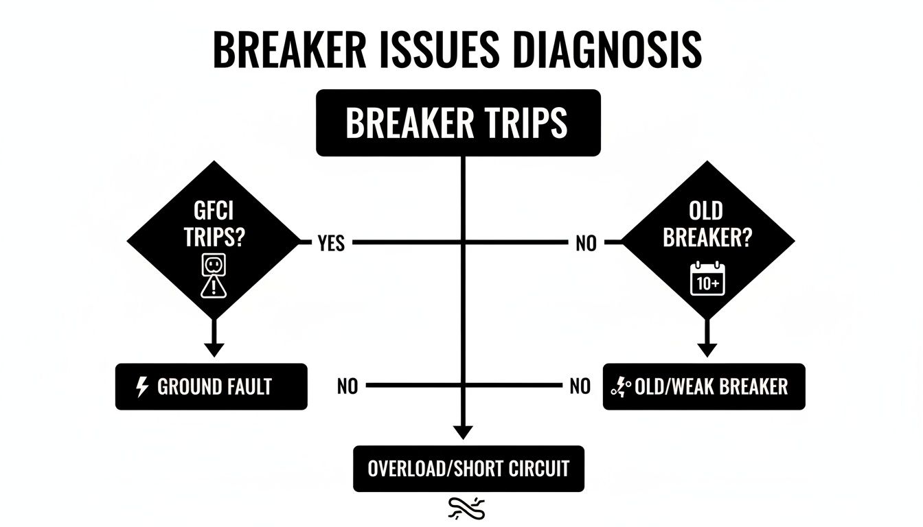 A flowchart diagnosing common breaker issues, guiding users to identify ground faults, old breakers, or overloads.
