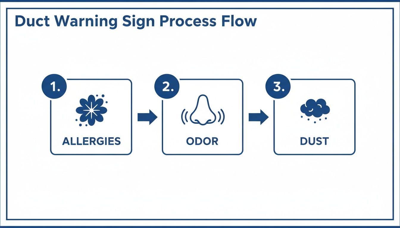 Flowchart showing common duct warning signs: 1. Allergies, 2. Odor, and 3. Dust.