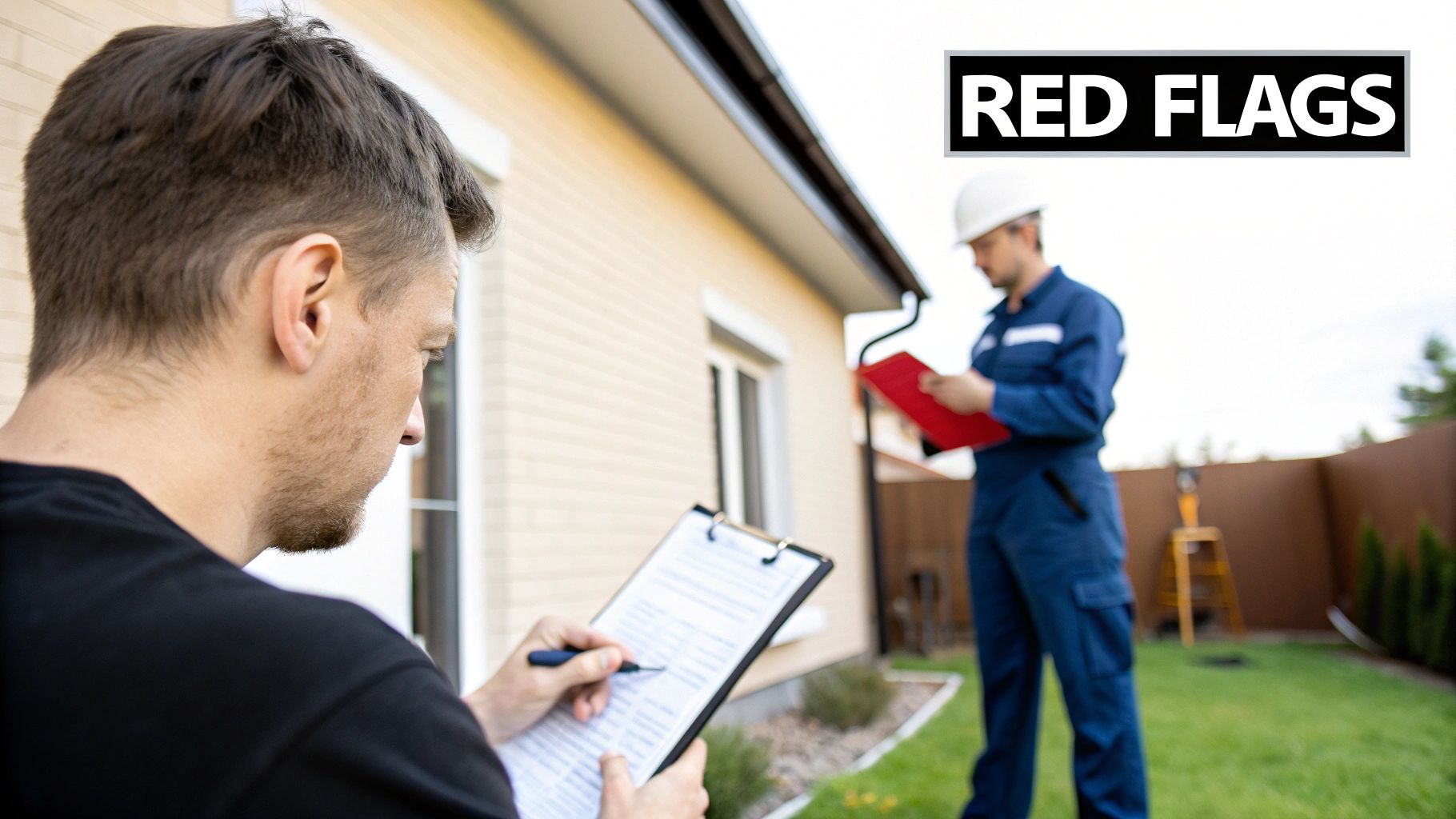 Two professional inspectors examine a house exterior, noting potential red flags on clipboards.