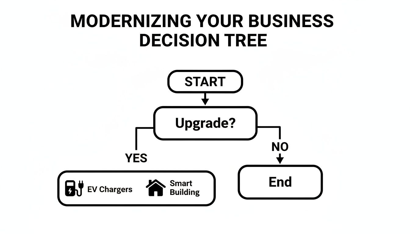 Flowchart illustrating a business decision tree for modernization, including EV chargers and smart building upgrades.