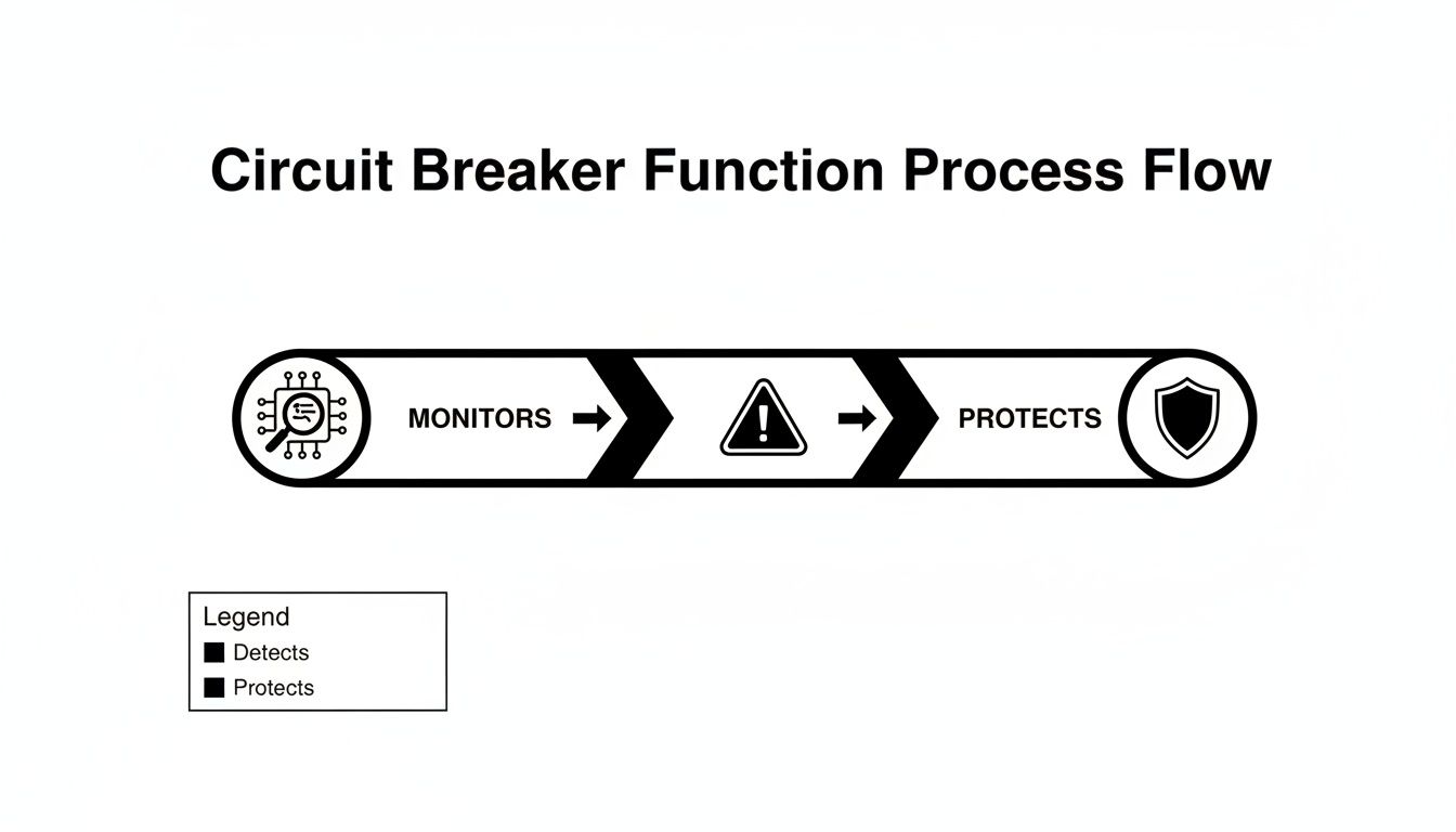 Flowchart illustrating circuit breaker function: monitors, detects issues (alert icon), and protects (shield icon).