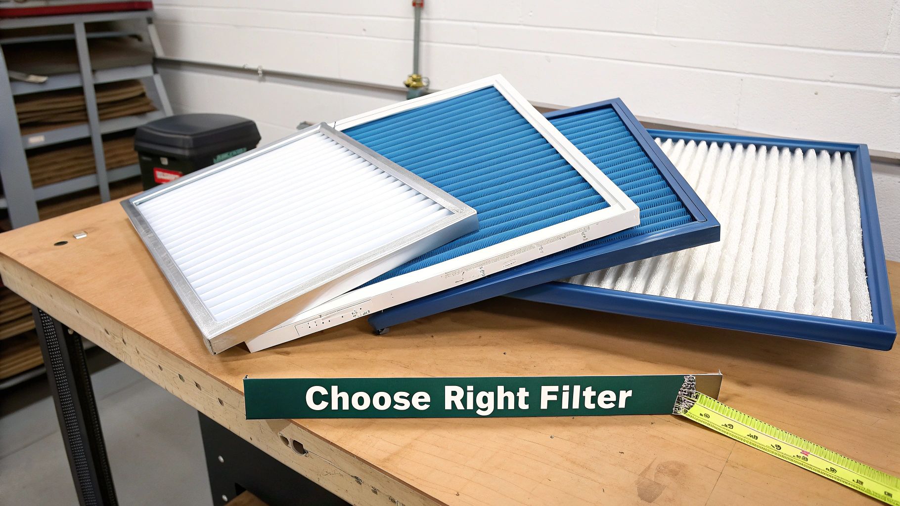 Where Is Air Conditioner Filter Located in Your Phoenix Home 3 Three different air filters, including white and blue pleated styles, on a wooden workbench with a 'Choose Right Filter' sign.