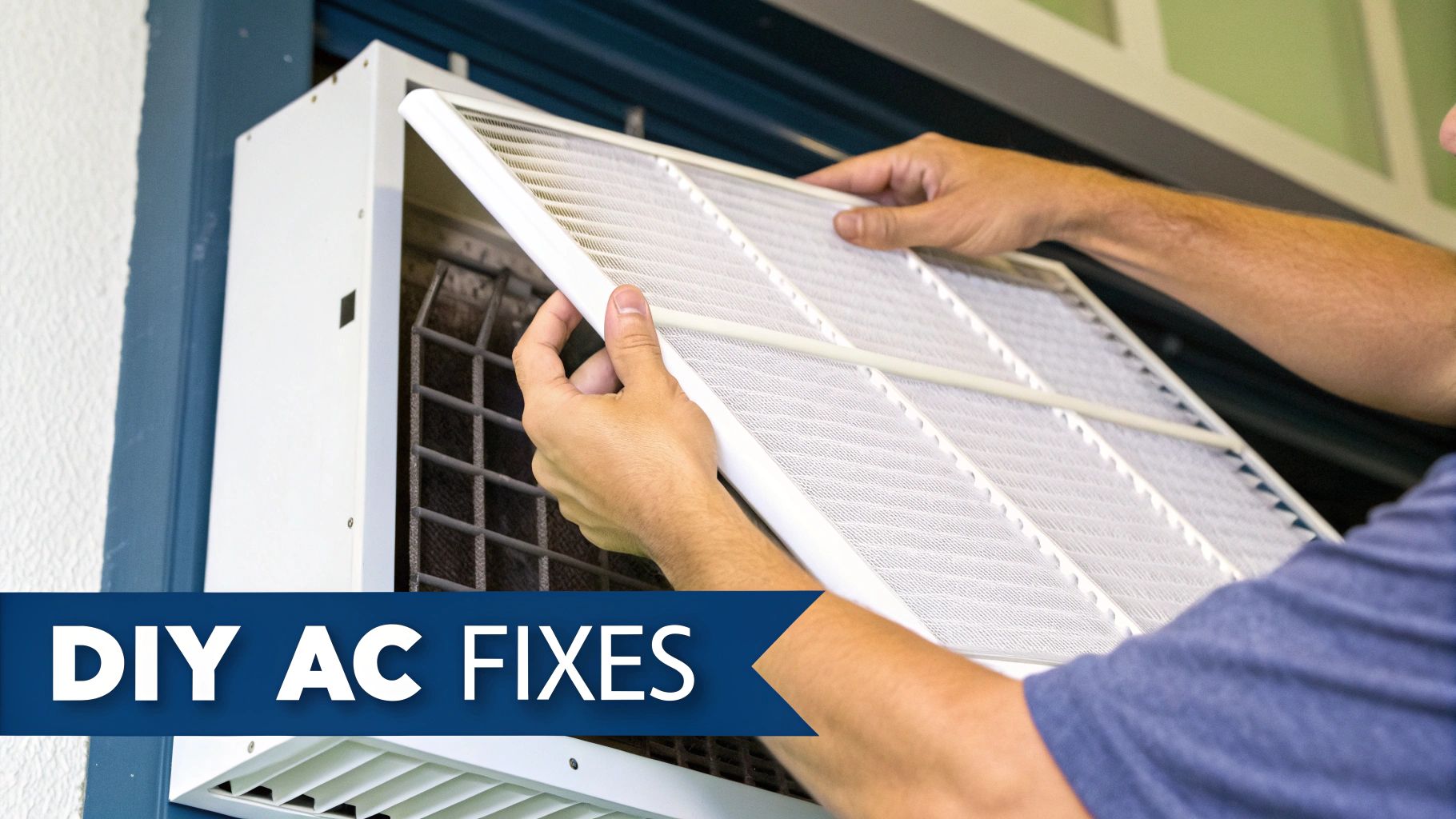 How to Diagnose AC Problems in Your Phoenix Home 4 Hands carefully removing a clean air filter from a white window AC unit for maintenance.