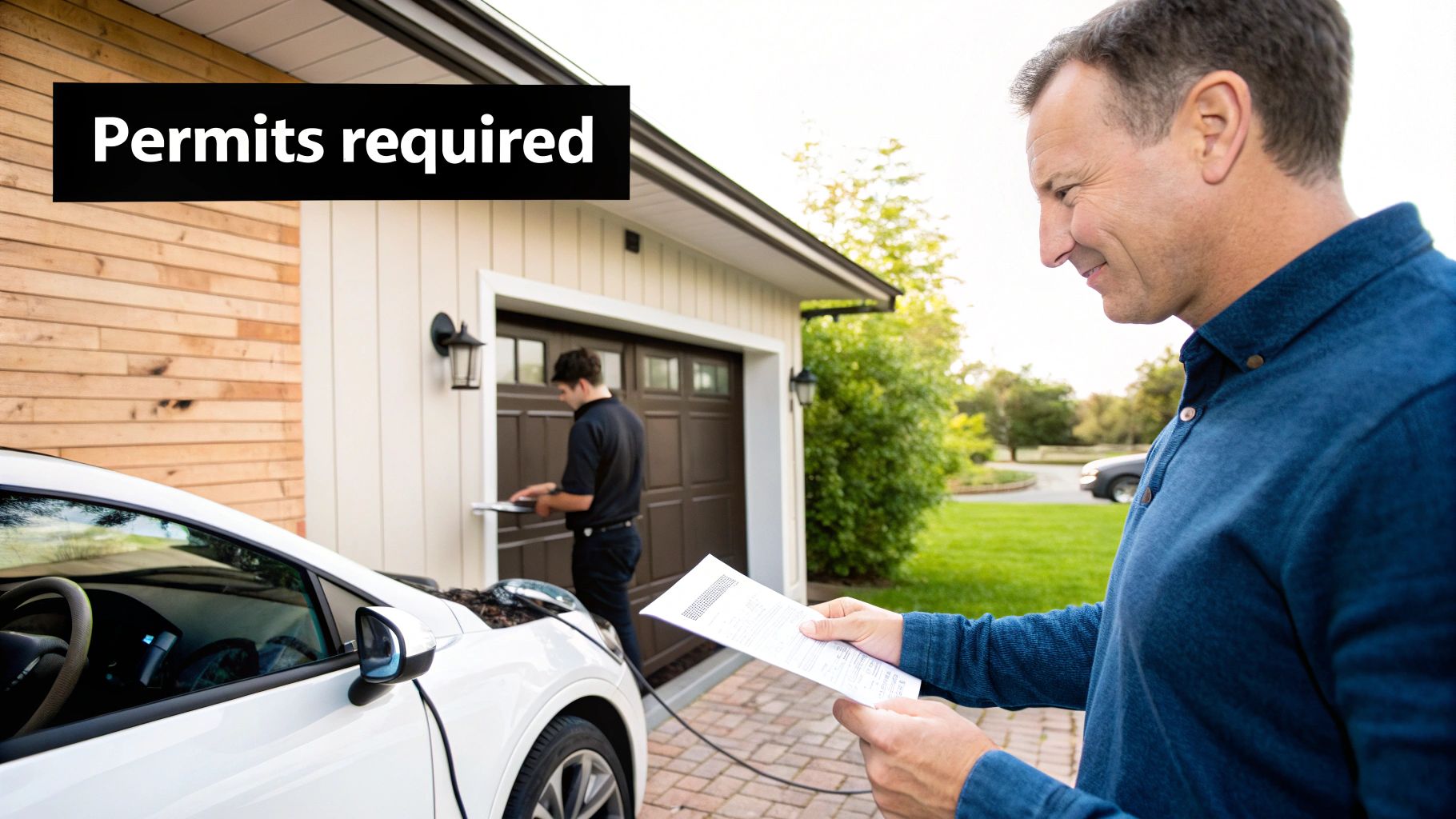 Homeowner reviews permits as technician installs an EV charger for a white electric car.