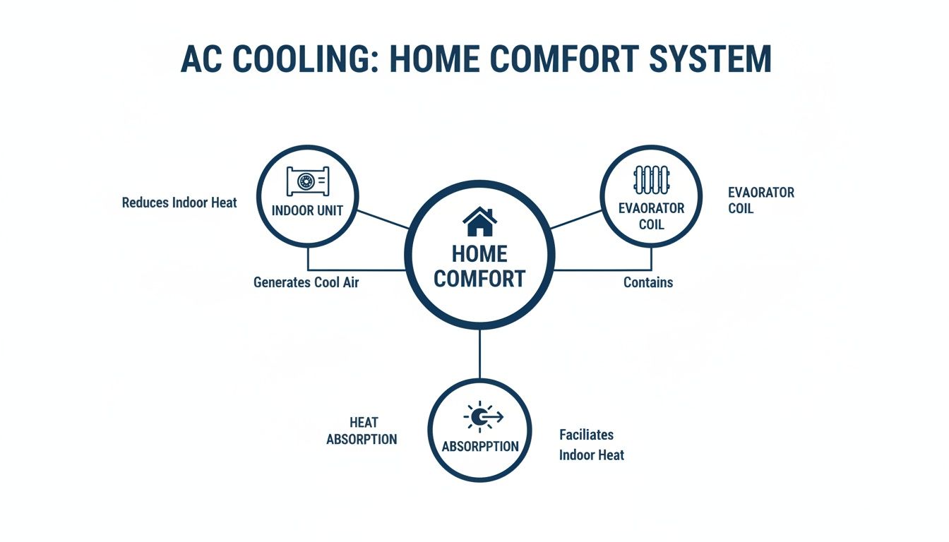 Where are the evaporator coils? A Quick, Clear Guide to Locating Them 2 A diagram illustrating an AC cooling home comfort system with an indoor unit, evaporator coil, and heat absorption.