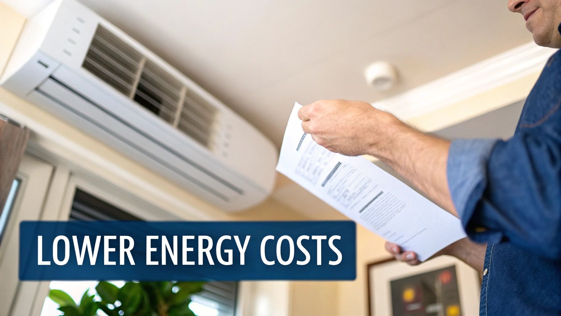 Man in blue shirt reviews a document while a wall-mounted air conditioner is visible, suggesting lower energy costs.