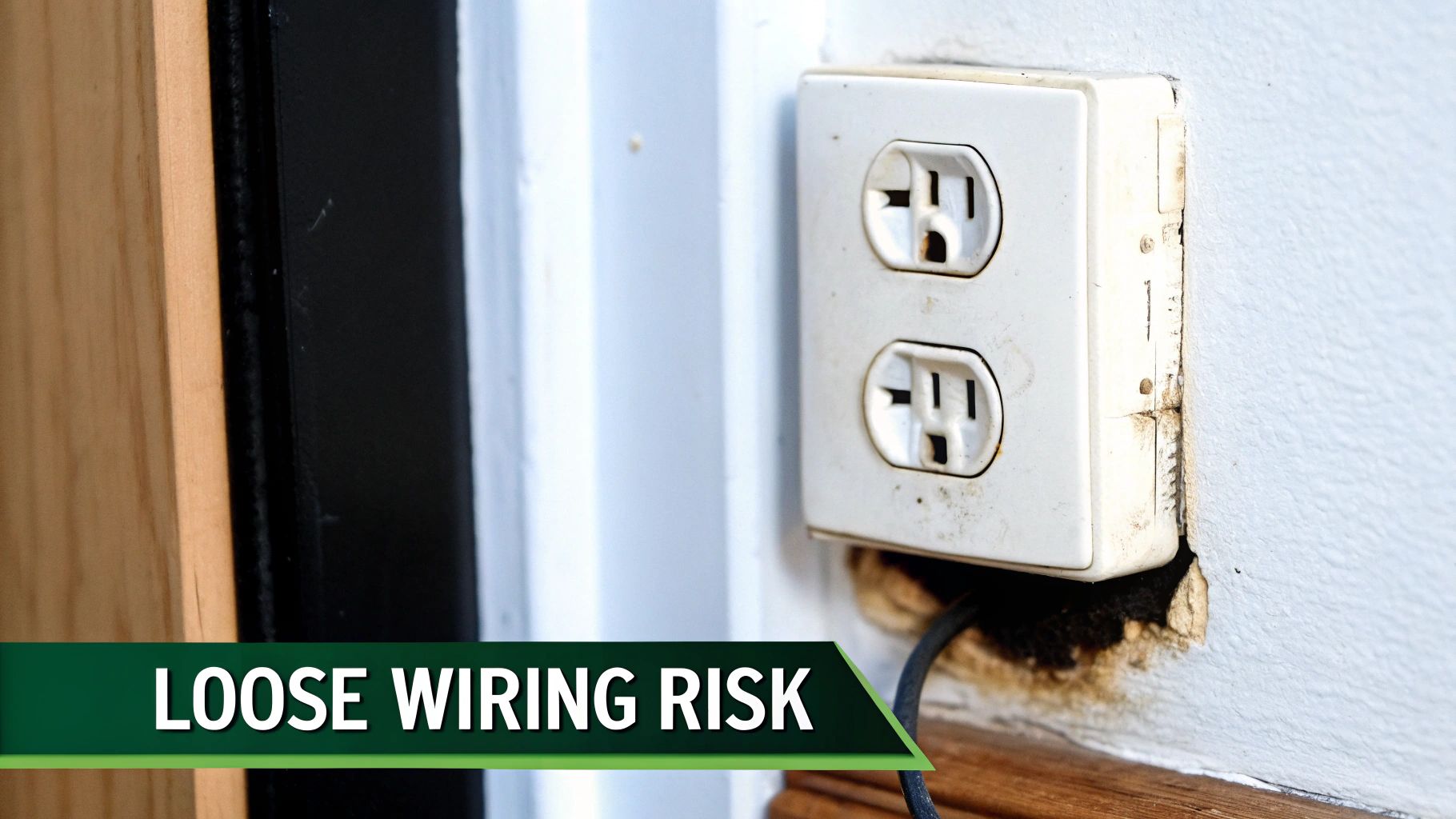 A close-up of a damaged electrical outlet with exposed wires and crumbling drywall.