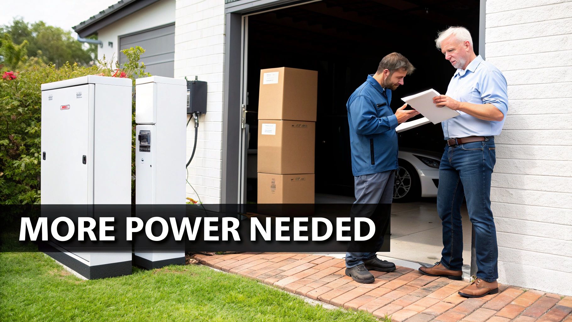 An electrician and homeowner review plans beside electrical panels, suggesting a power upgrade is needed.