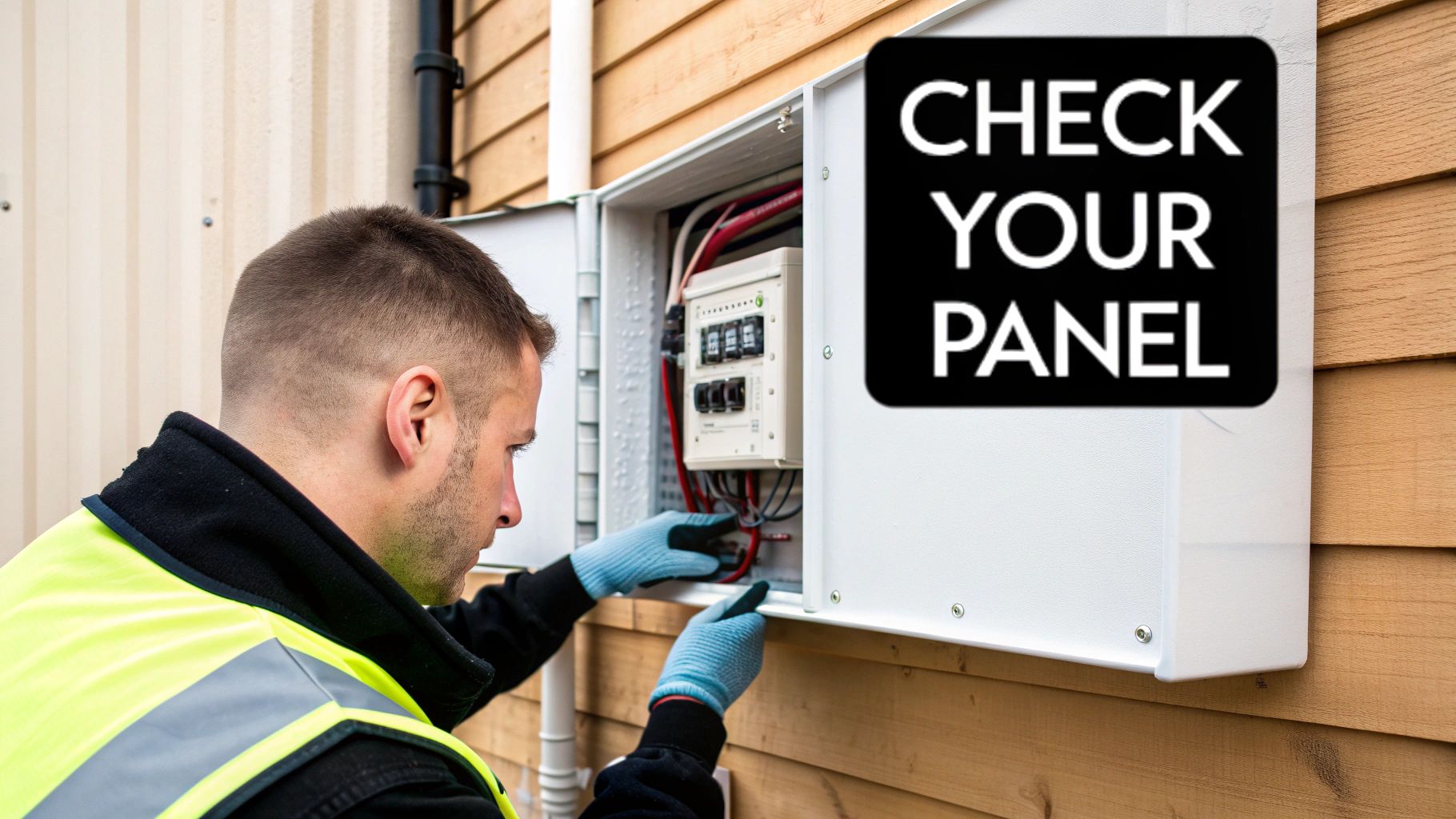 An electrician in a high-vis vest inspects an open electrical panel on a building.