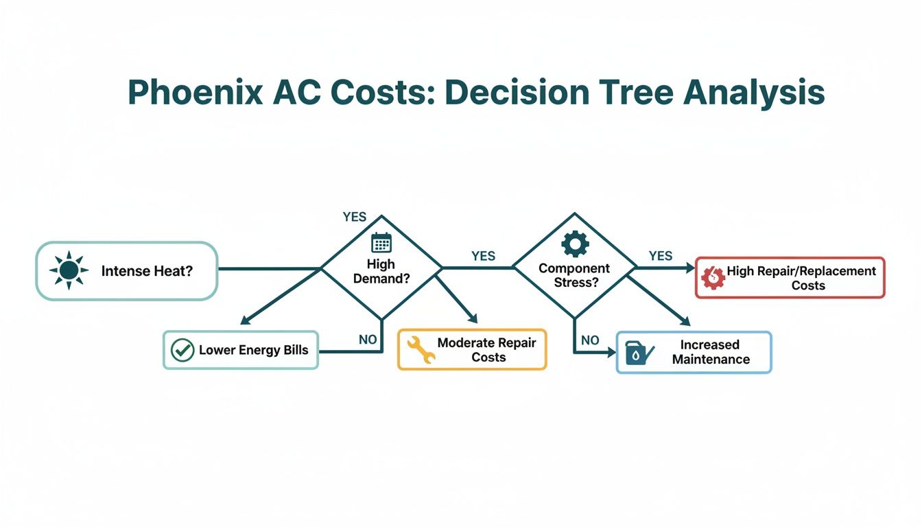 What's the Real Cost to Fix AC in Arizona? 4 A decision tree diagram illustrating the factors influencing Phoenix AC costs based on heat, demand, and component stress.